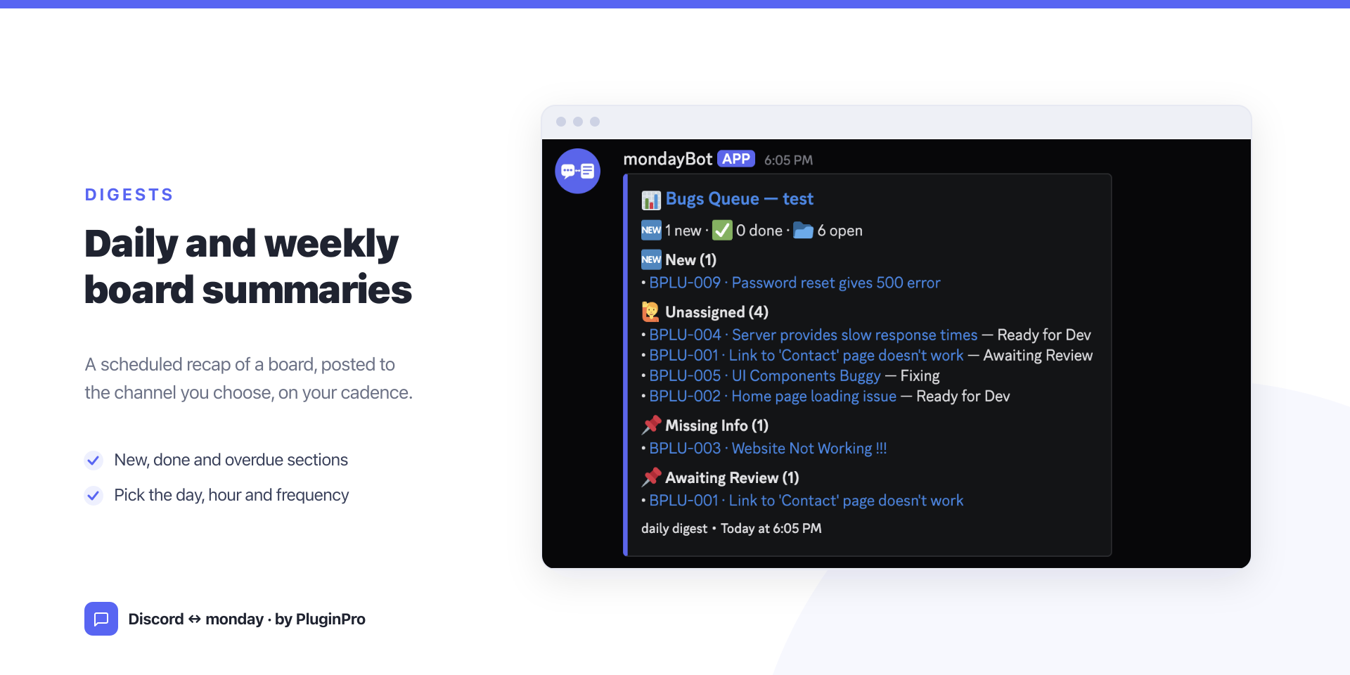 A scheduled board digest posted in Discord